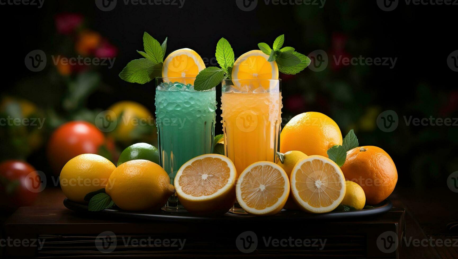 Colorful Cocktails with Citrus Garnish on Wooden Table. AI Generated. photo