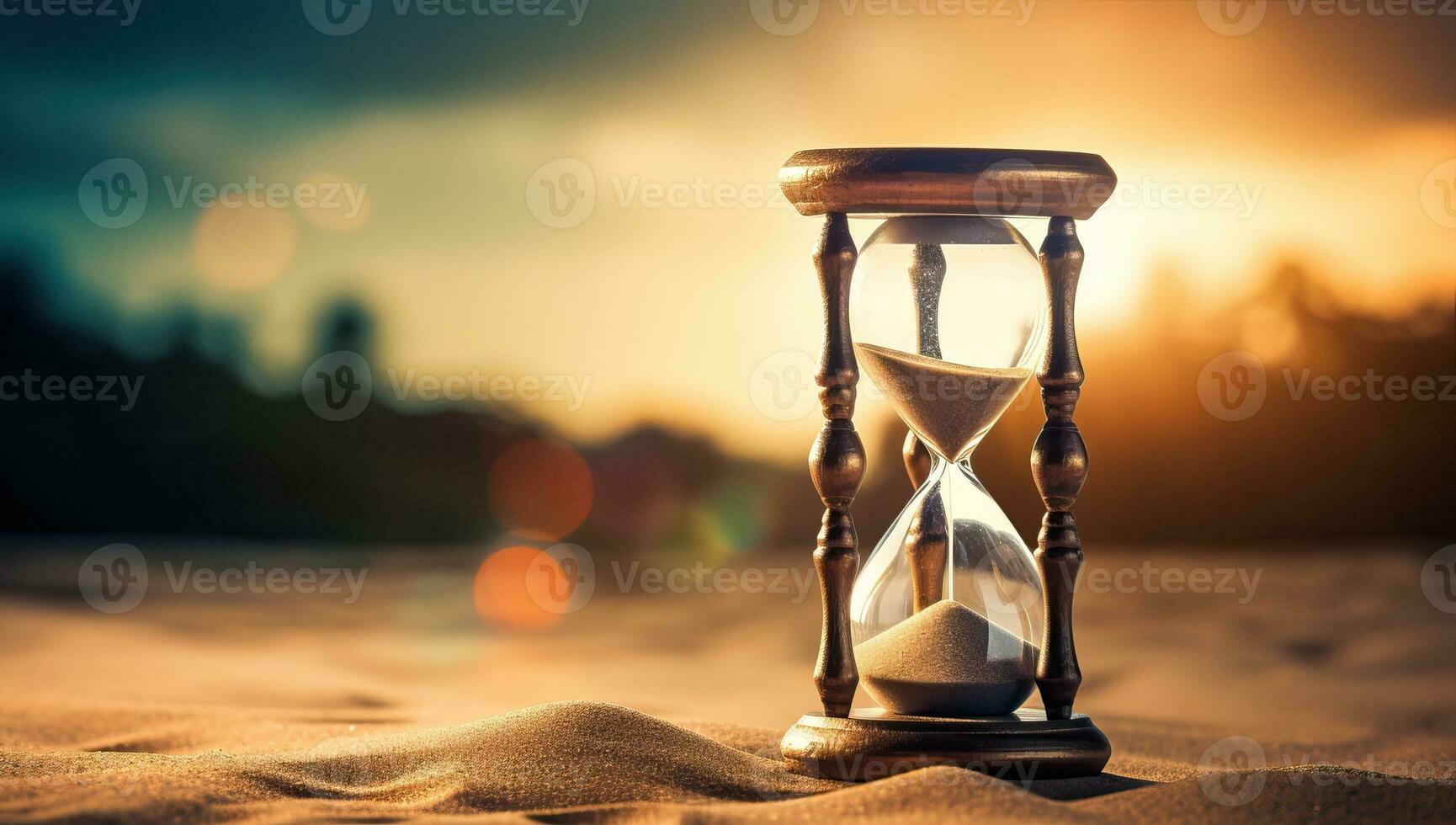 Hourglass on the sand. Concept of time passing. Vintage style. AI Generated. photo