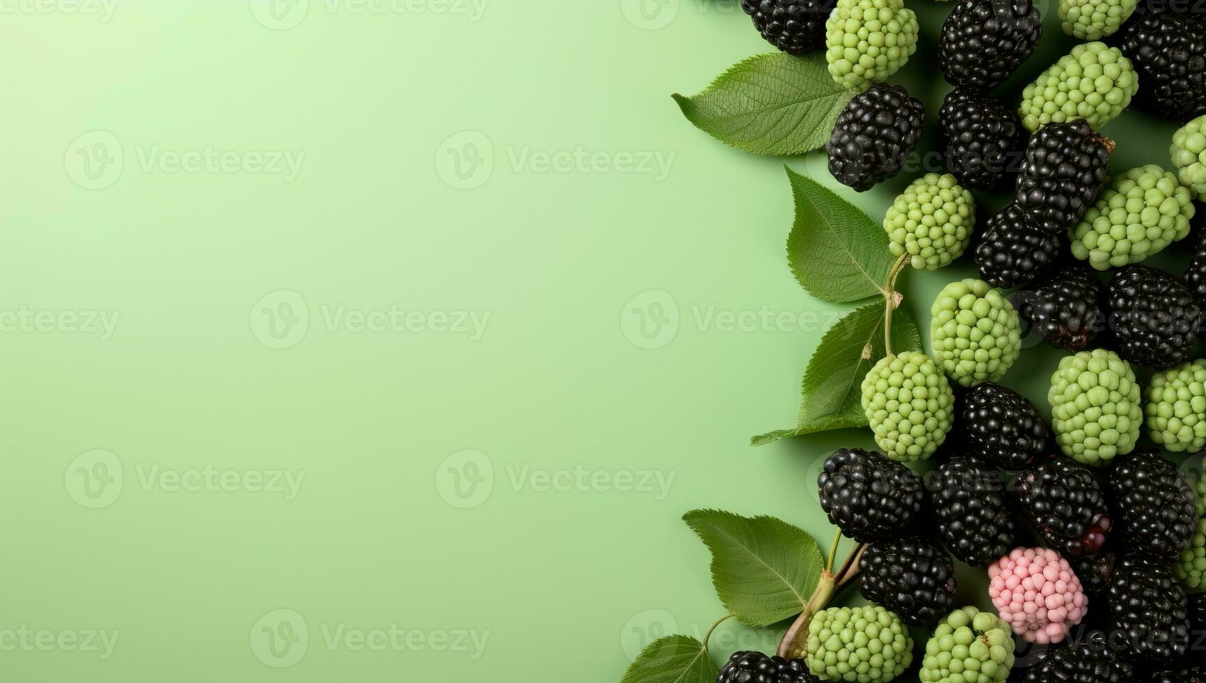 Blackberries with leaves on green background, flat lay. Space for text. AI Generated. photo