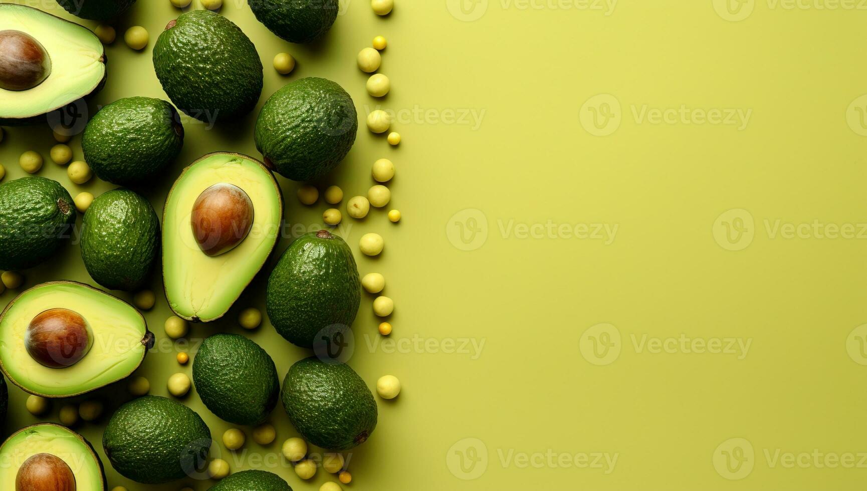 Avocado on green background, top view. Space for text. AI Generated. photo