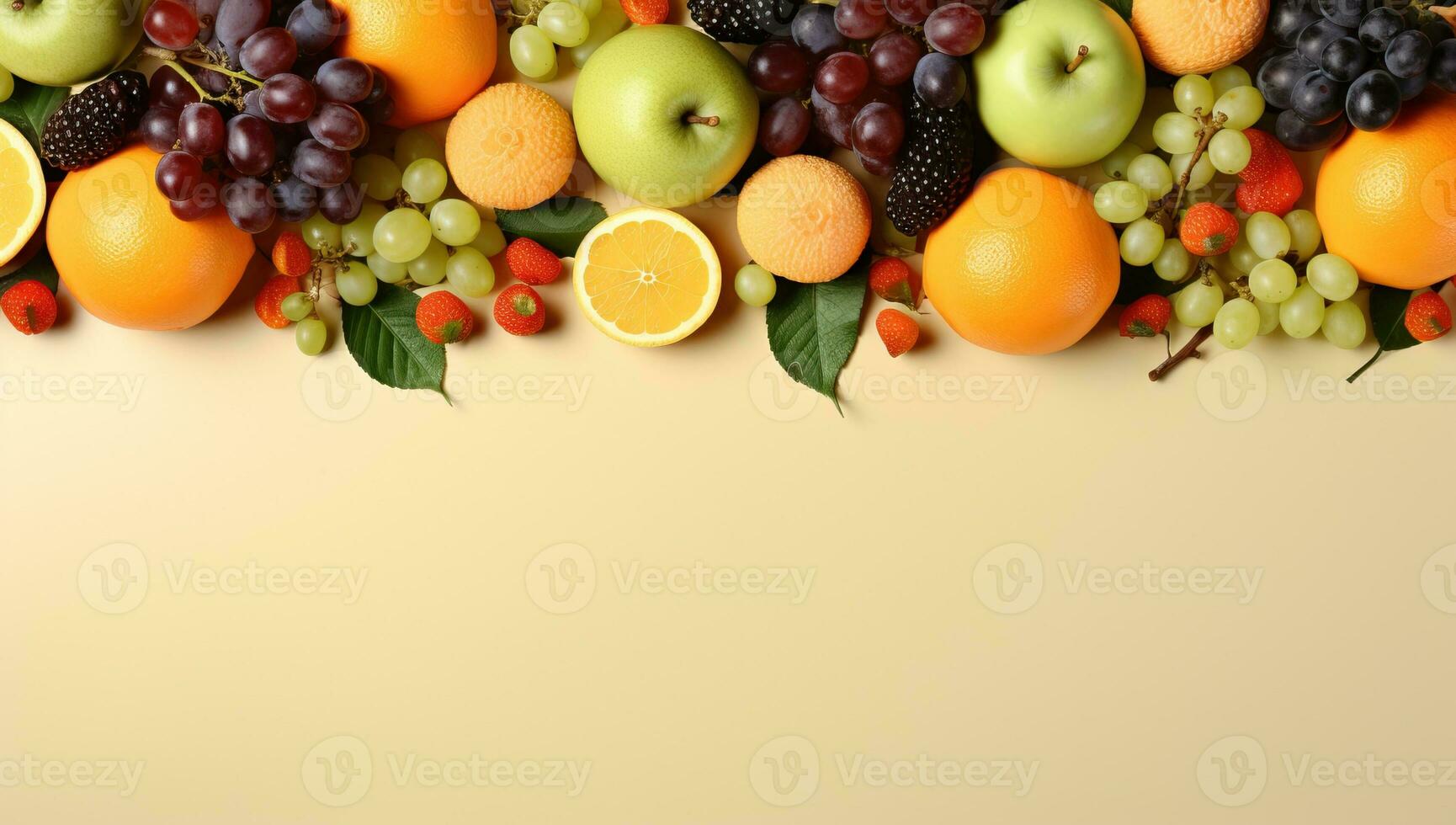 Assorted Fresh Fruits on Beige Background. AI Generated. photo