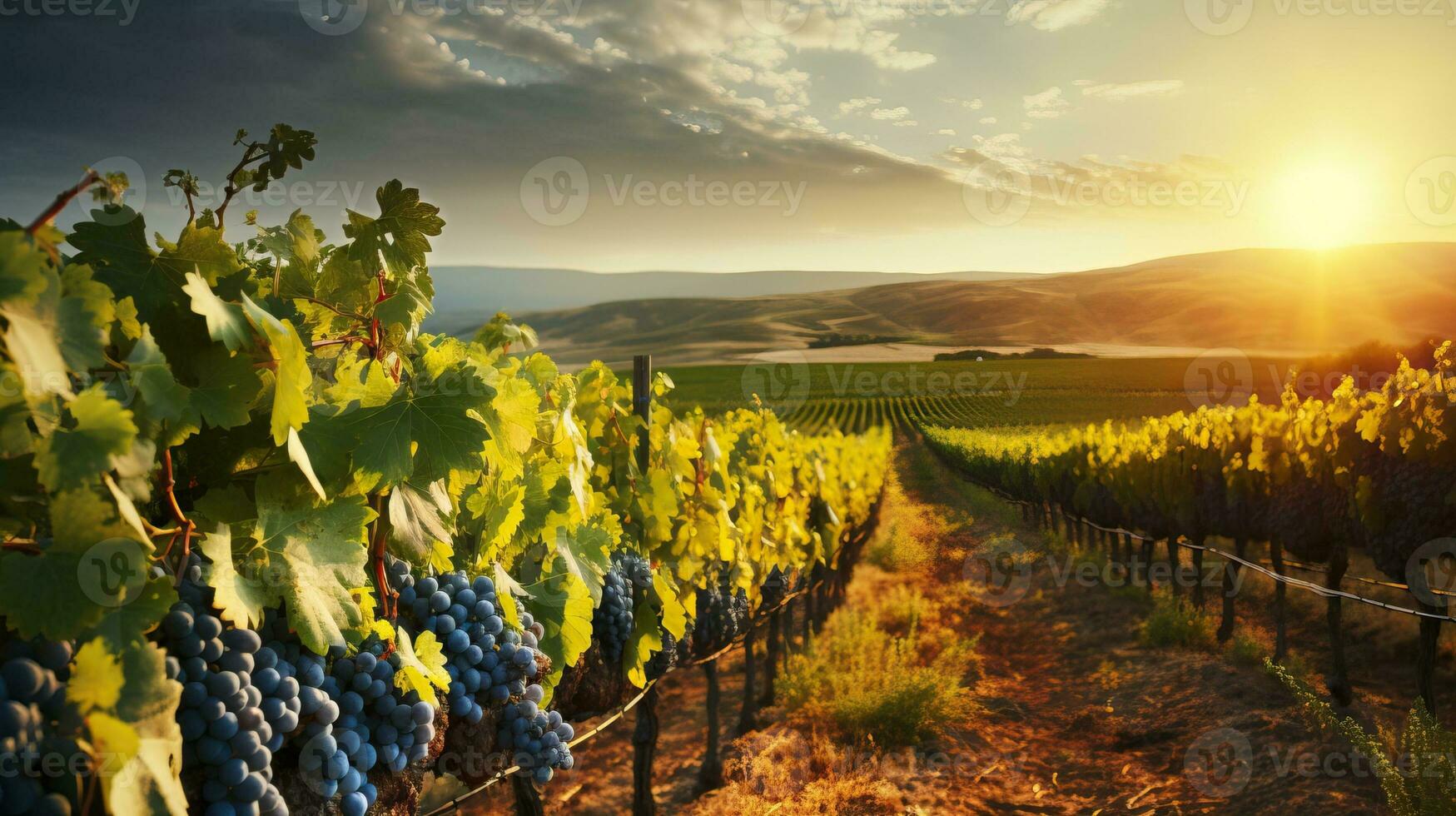 Sunset Over Vineyard. AI Generated. photo