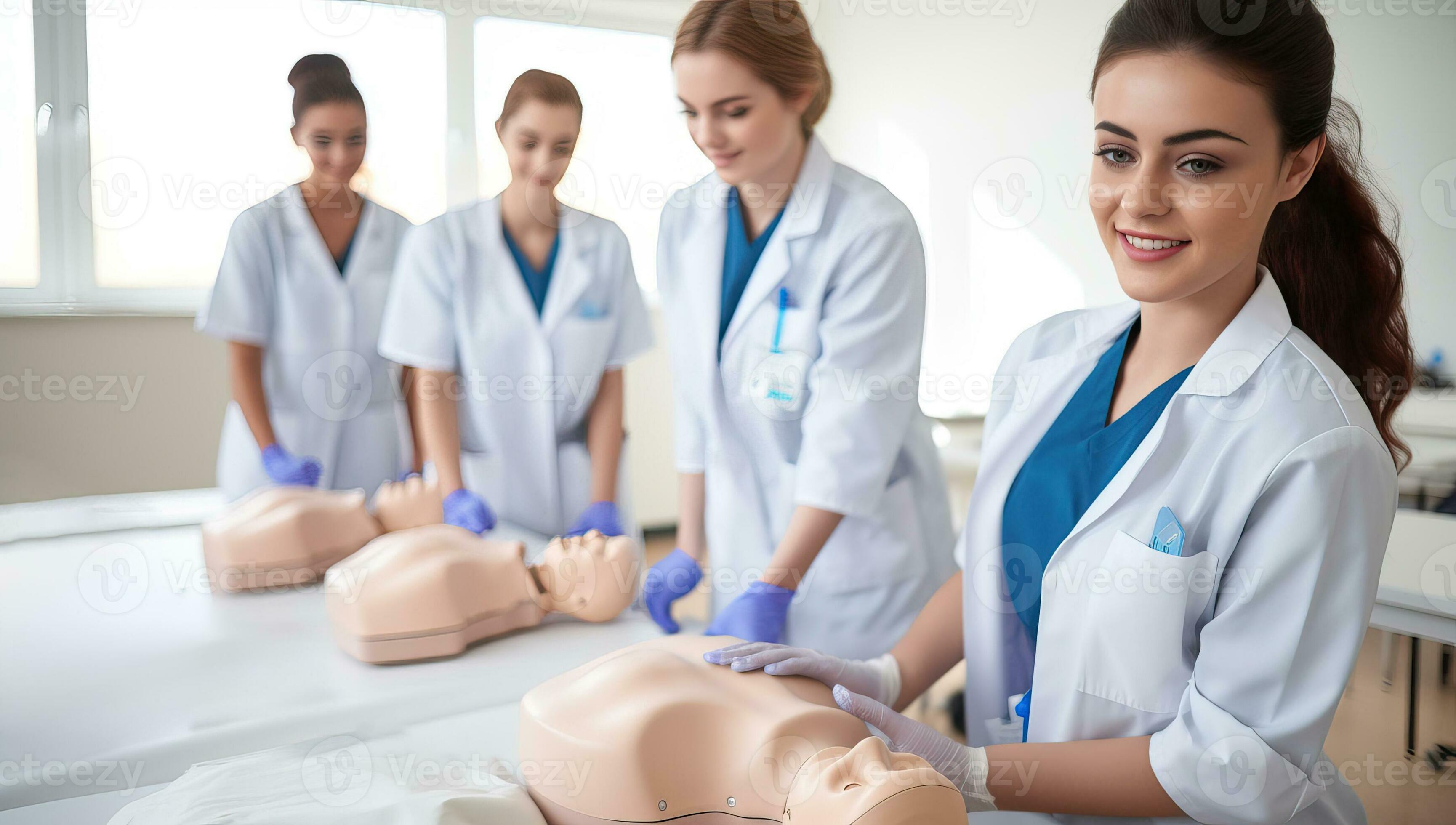 Medical Students Practicing CPR on Dummies. AI Generated. 34586795
