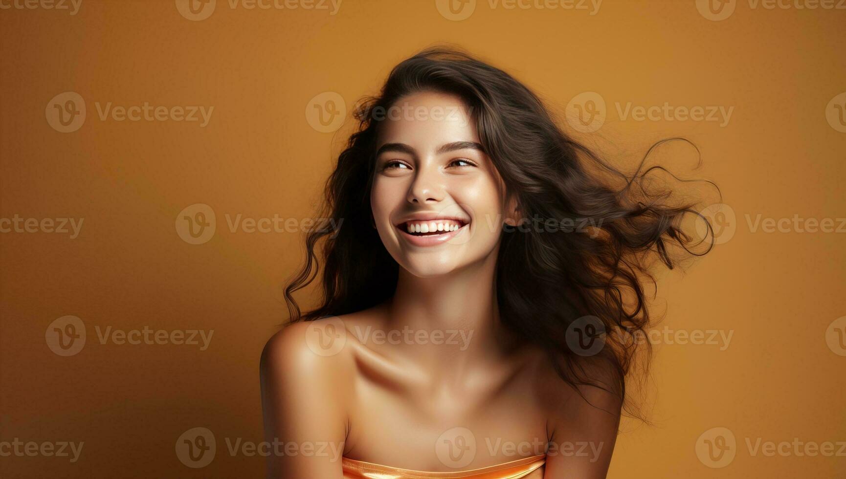 joven mujer con volador pelo en amarillo antecedentes. ai generado. foto