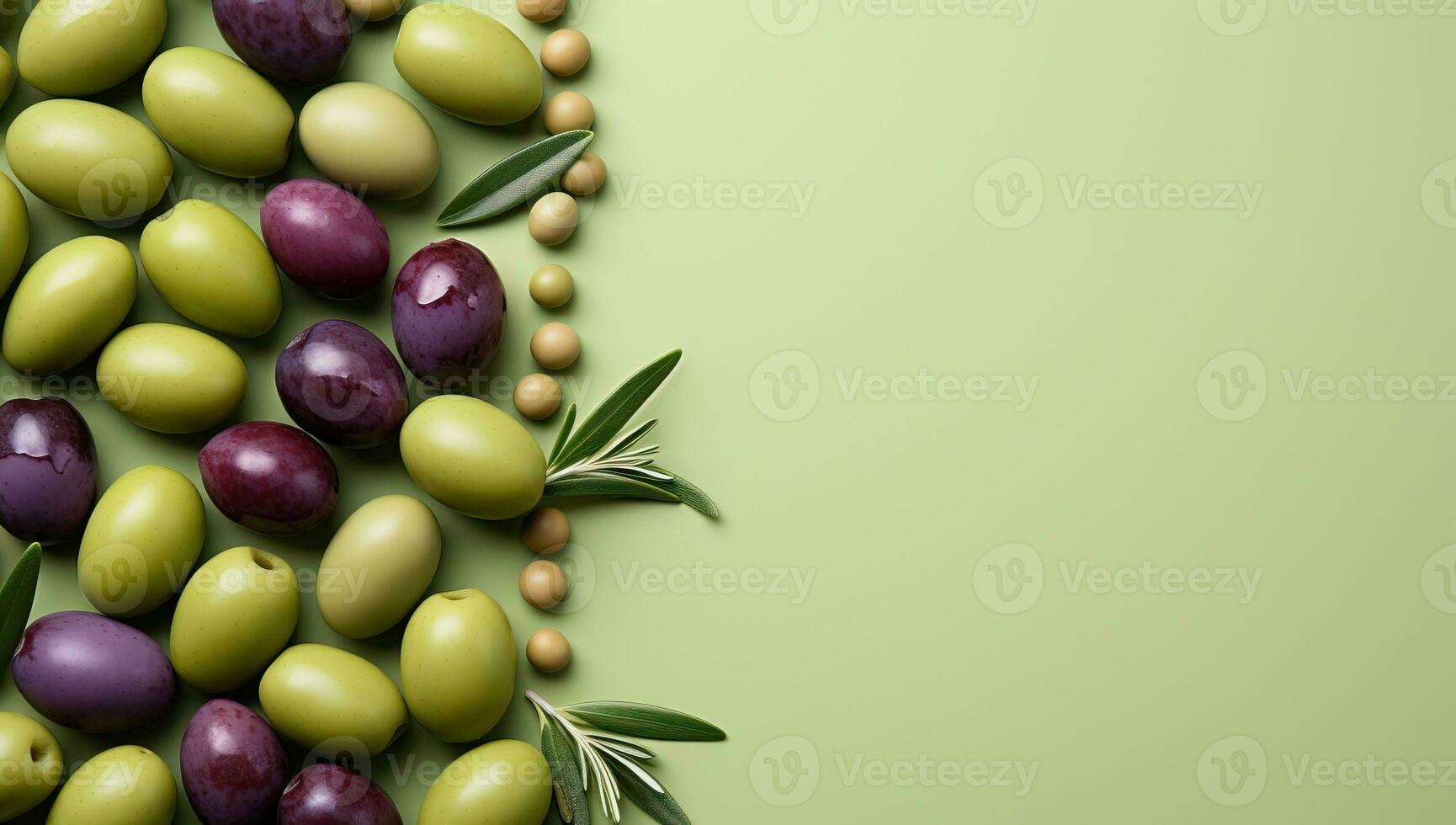 verde y púrpura aceitunas en un verde antecedentes con Copiar espacio. ai generado. foto