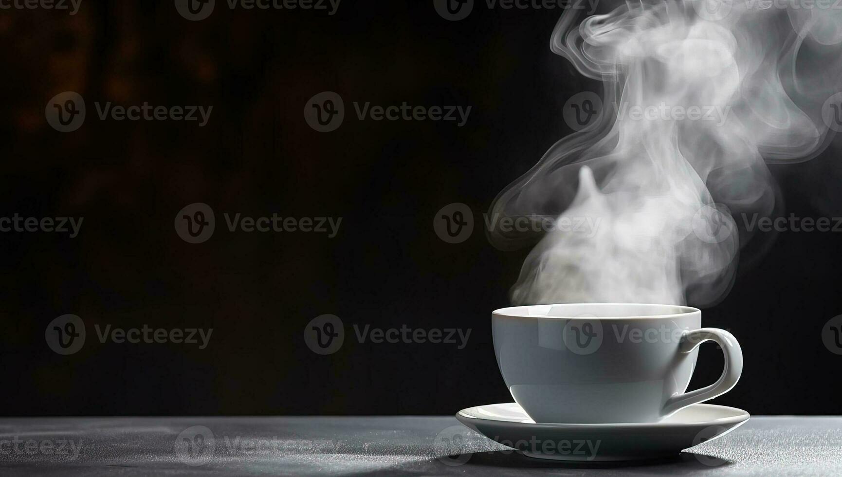 Cup of coffee with steam on dark background. AI Generated. photo