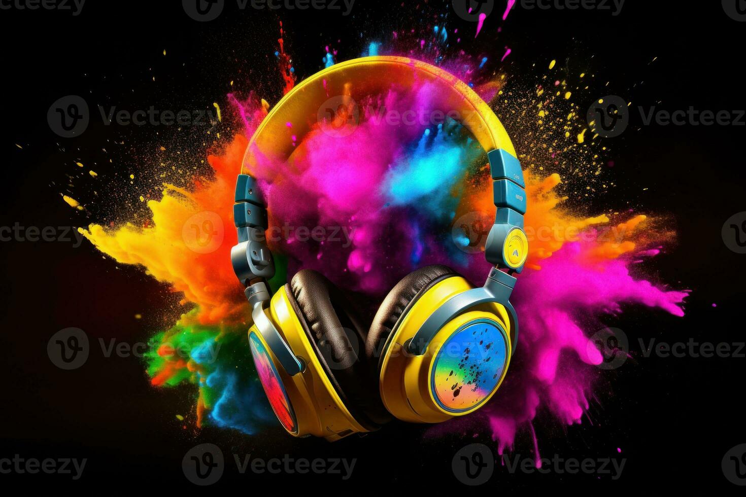 A headphone with colorful color powder splash Generative AI, AI Generative photo