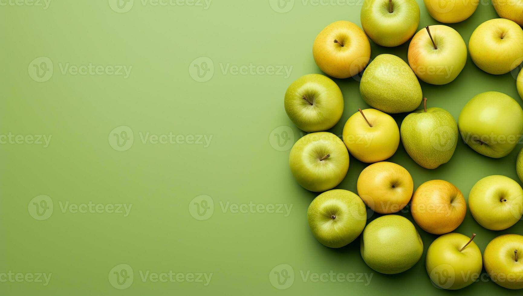 Green and yellow apples on green background. AI Generated. photo