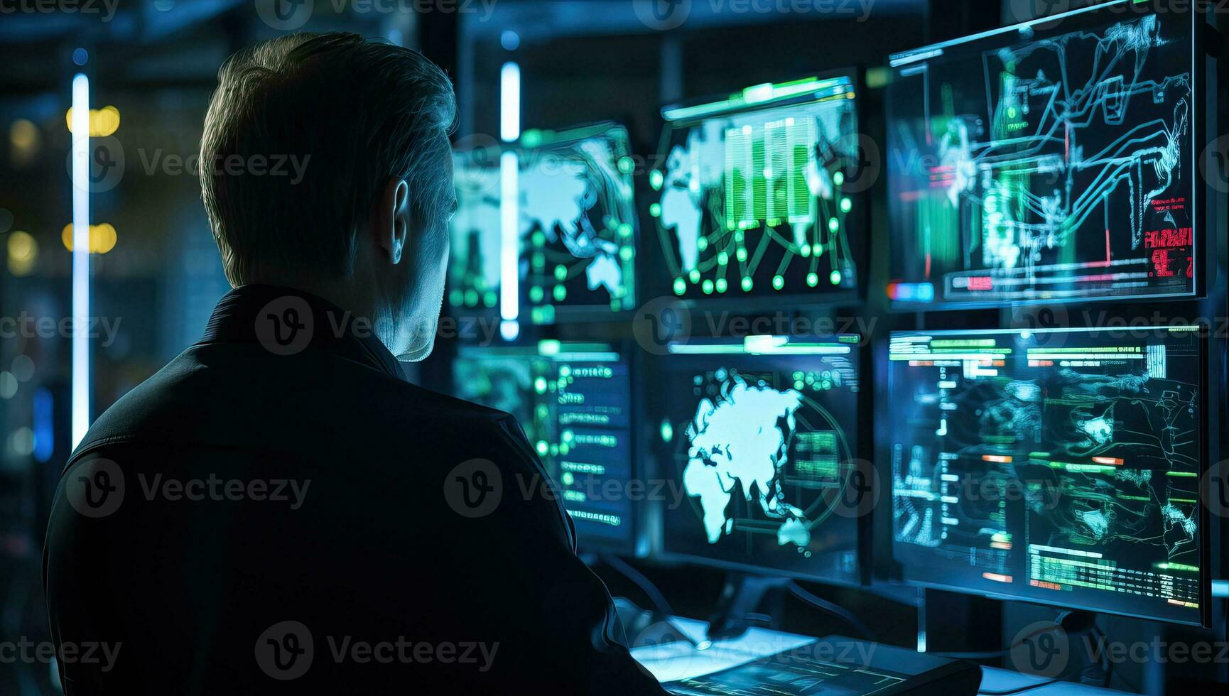 Man Analyzing Data on Multiple Computer Screens. AI Generated. photo