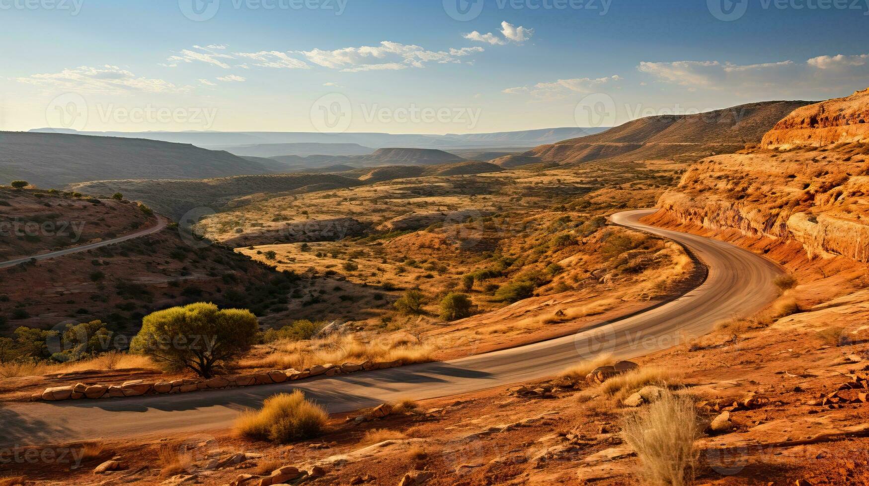 A winding road through a desert landscape with mountains. AI Generated. photo