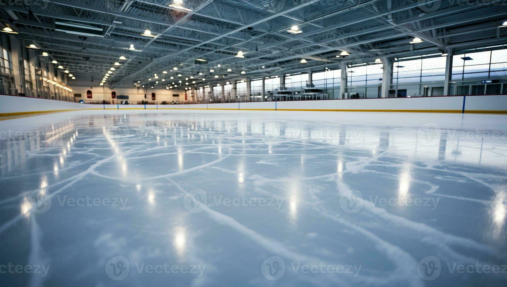 Ice hockey rink in sport center. AI Generated. photo