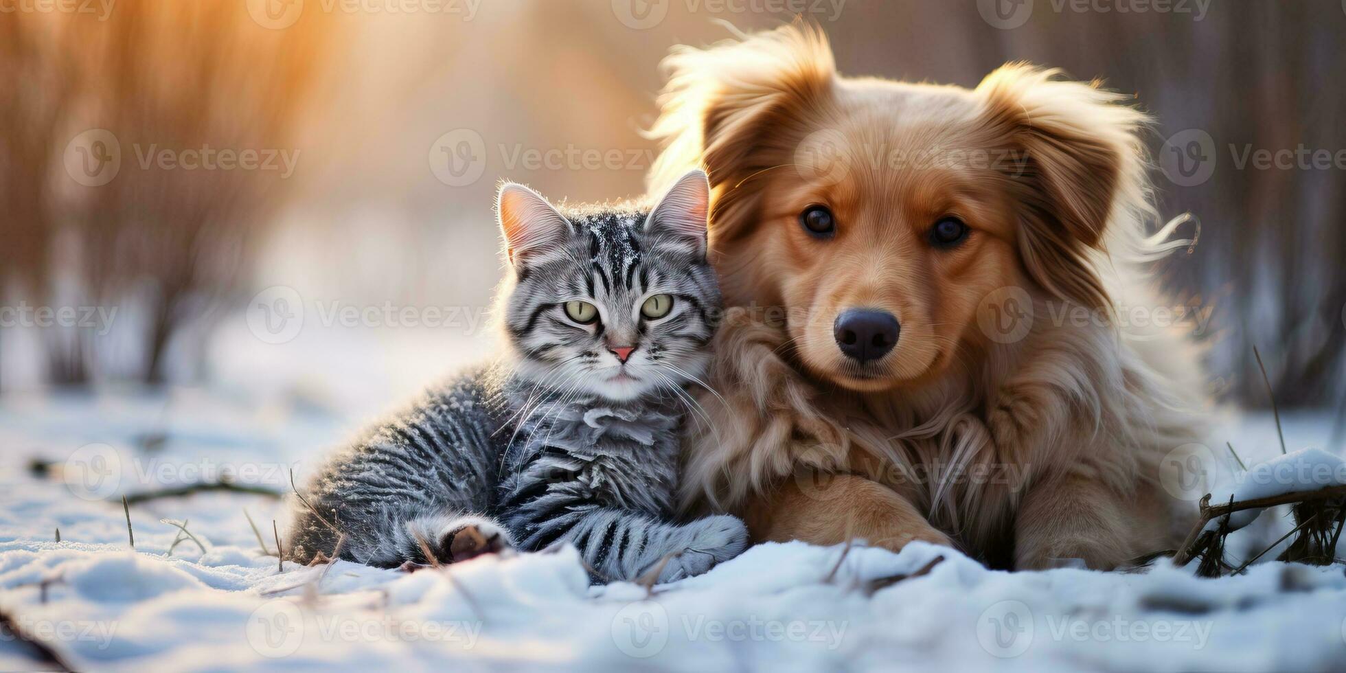 gato y perro juntos en el invierno bosque. ai generado. foto