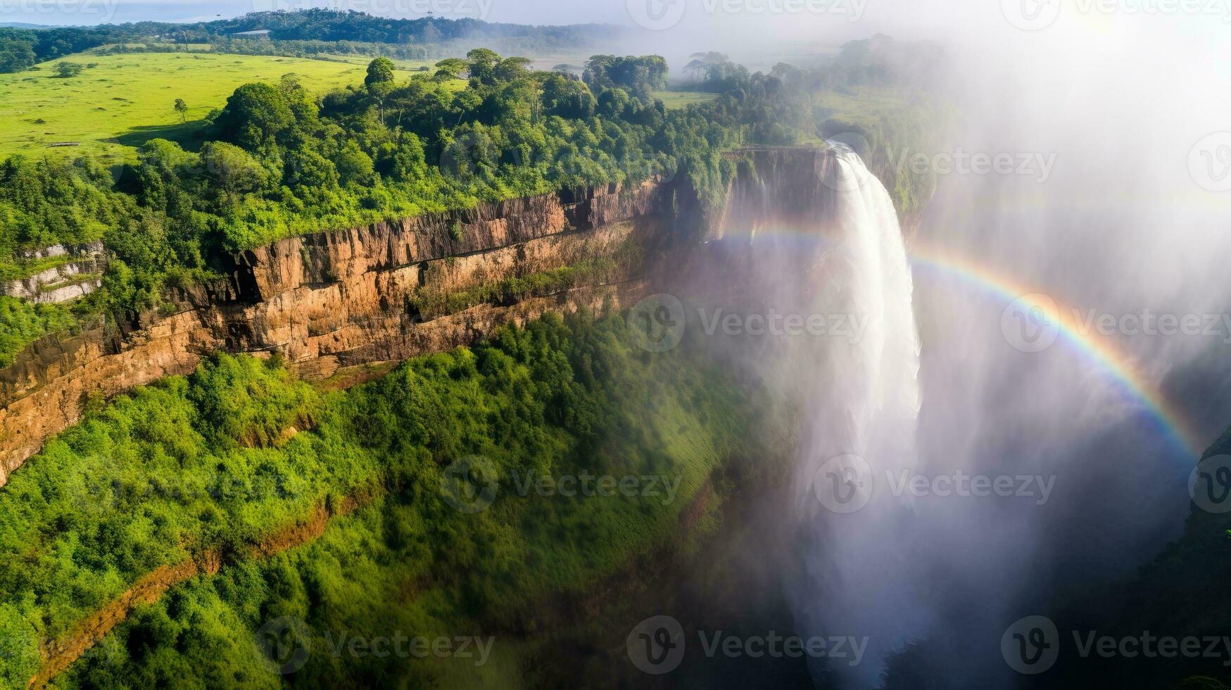 Rainbow Over Waterfall in Lush Green Landscape. AI Generated. photo