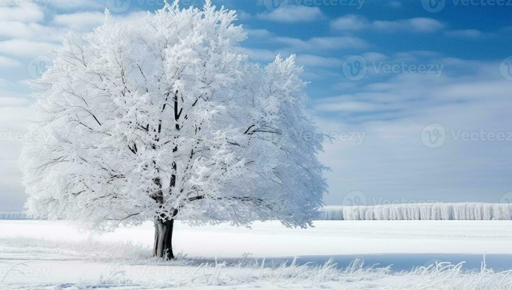 Snowy Tree in Winter Landscape. AI Generated. photo