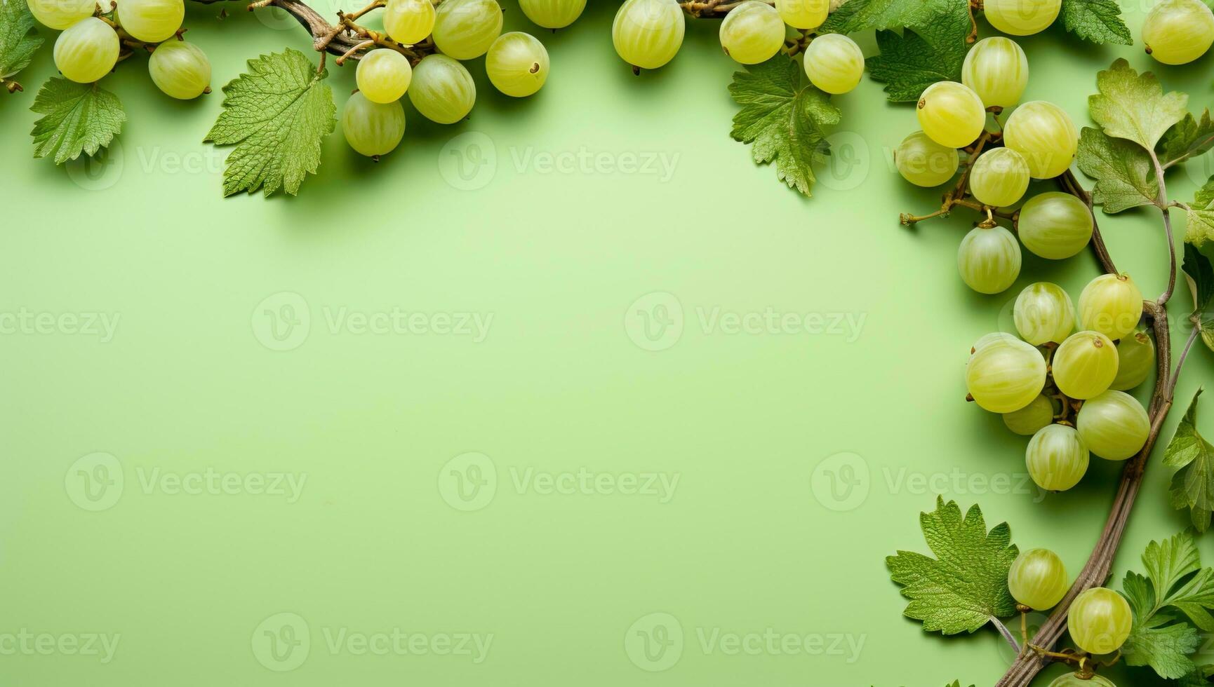 Green grapes with leaves on green background. AI Generated. photo