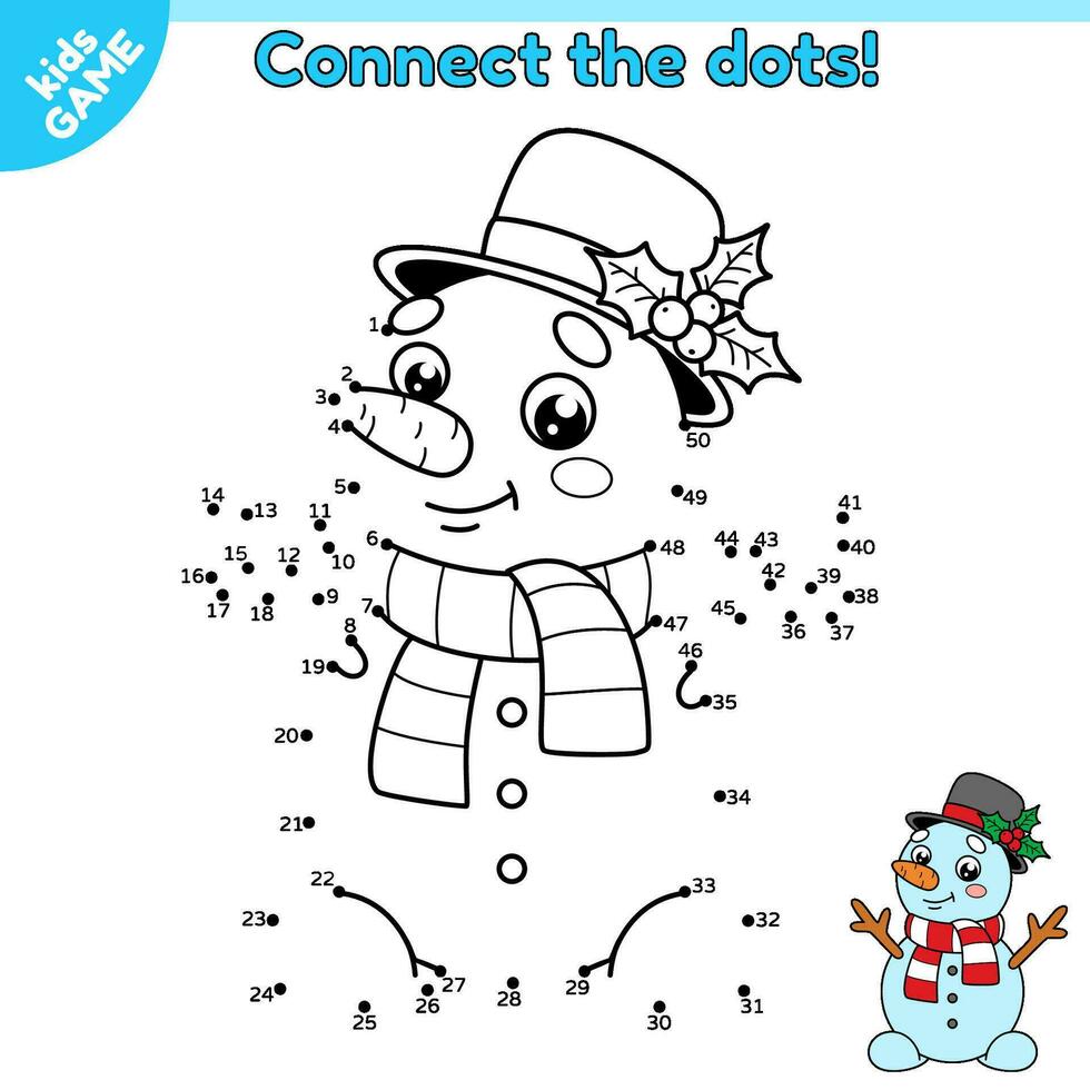 Dot to dot kids game. Connect the dots by numbers and draw a cartoon snowman in scarf and hat with mistletoe. Educational puzzle for children with winter snow character. Baby worksheet. Vector design.