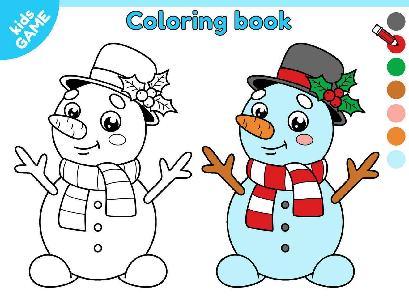 Cartoon snowman in scarf and red santa claus hat. Page of coloring book for kids with winter snow character. Color outline picture. Activity for children. Black and white contour vector illustration.