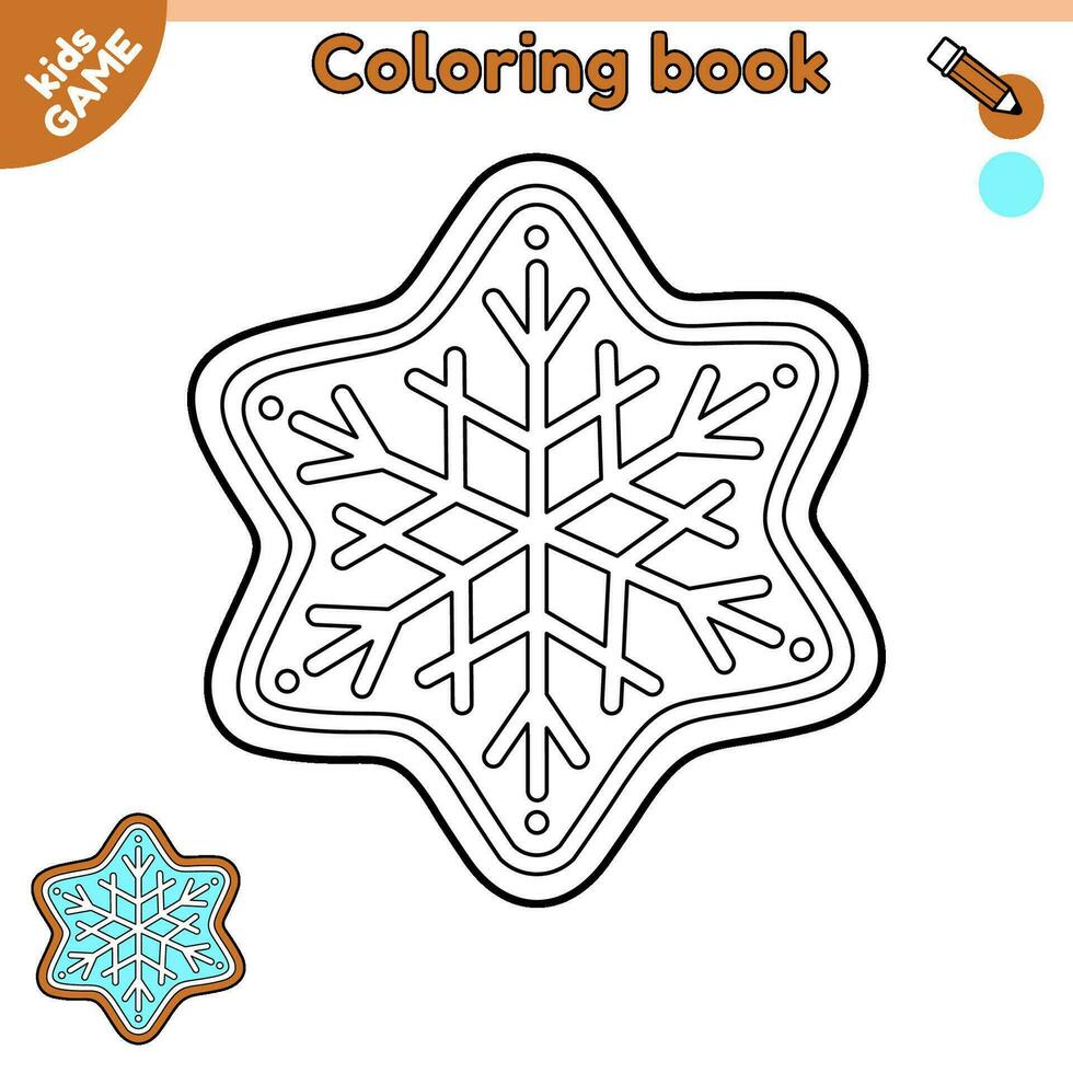 Outline gingerbread snowflake. Page of kids coloring book with cartoon Christmas biscuit. Color contour New Year cookies. Activity book for children. Vector illustration of the classic Xmas sweets.