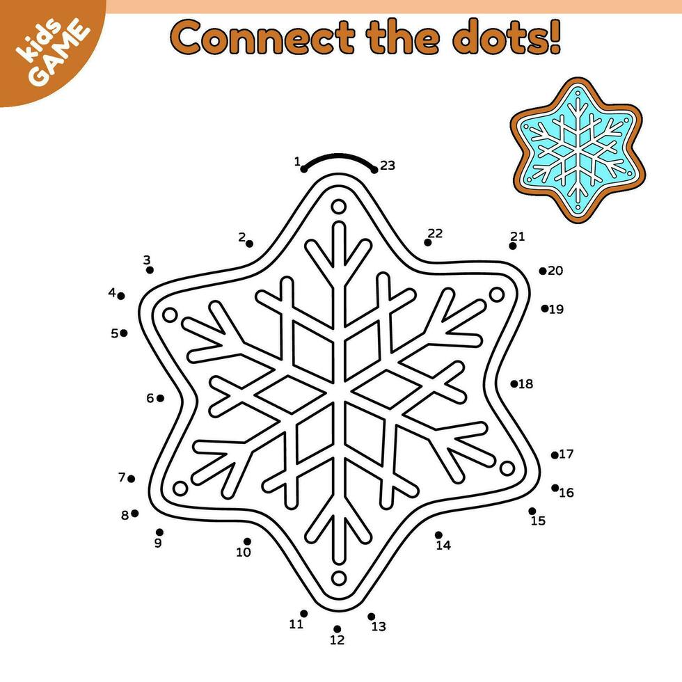 Dot to dot game for children. Christmas gingerbread snowflake. Connect the dots by numbers and draw a cartoon New Year cookies. Educational puzzle for kids. Vector illustration of the holiday biscuit.