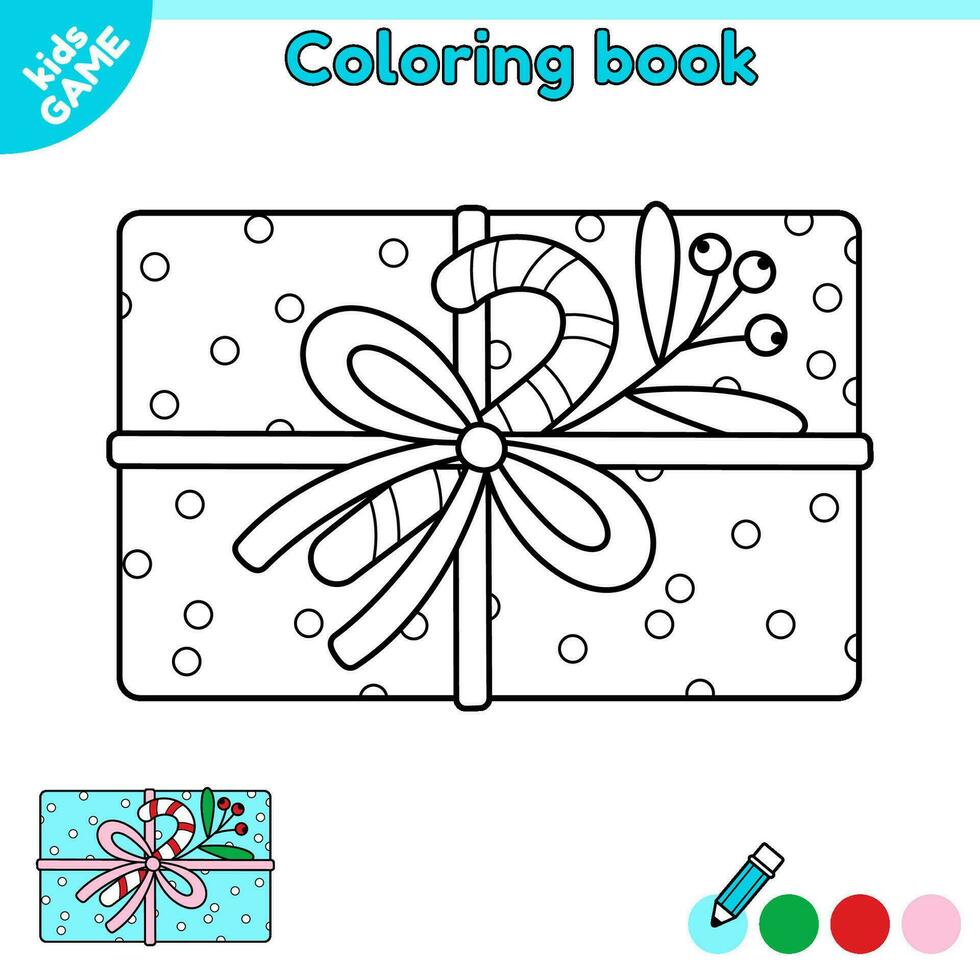 Page of kids coloring book with Christmas gift. Outline Xmas box with candy cane and mistletoe. Color contour new year gift. Activity book for children. Black and white vector holiday illustration.