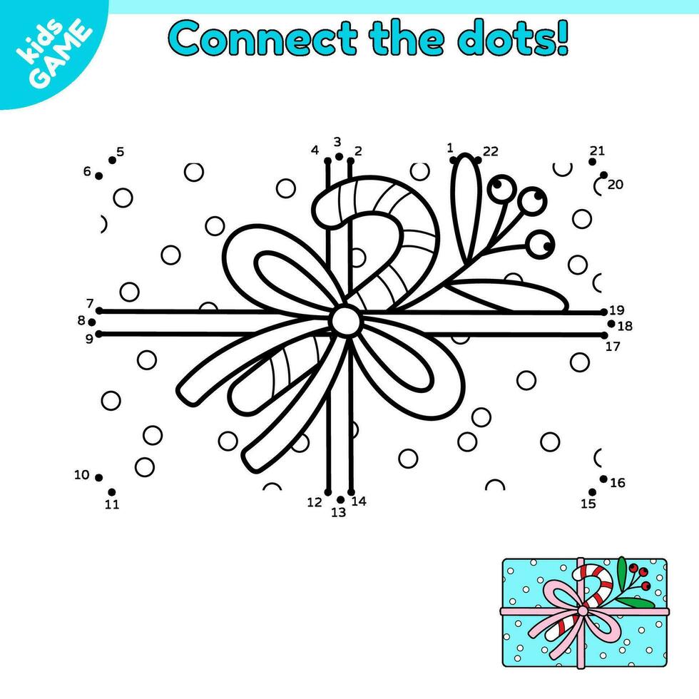 Dot to dot kids game. Christmas gift. Connect the dots by numbers and draw a cartoon Xmas box with candy and mistletoe. Educational puzzle for children. Vector illustration of holiday New Year gift.