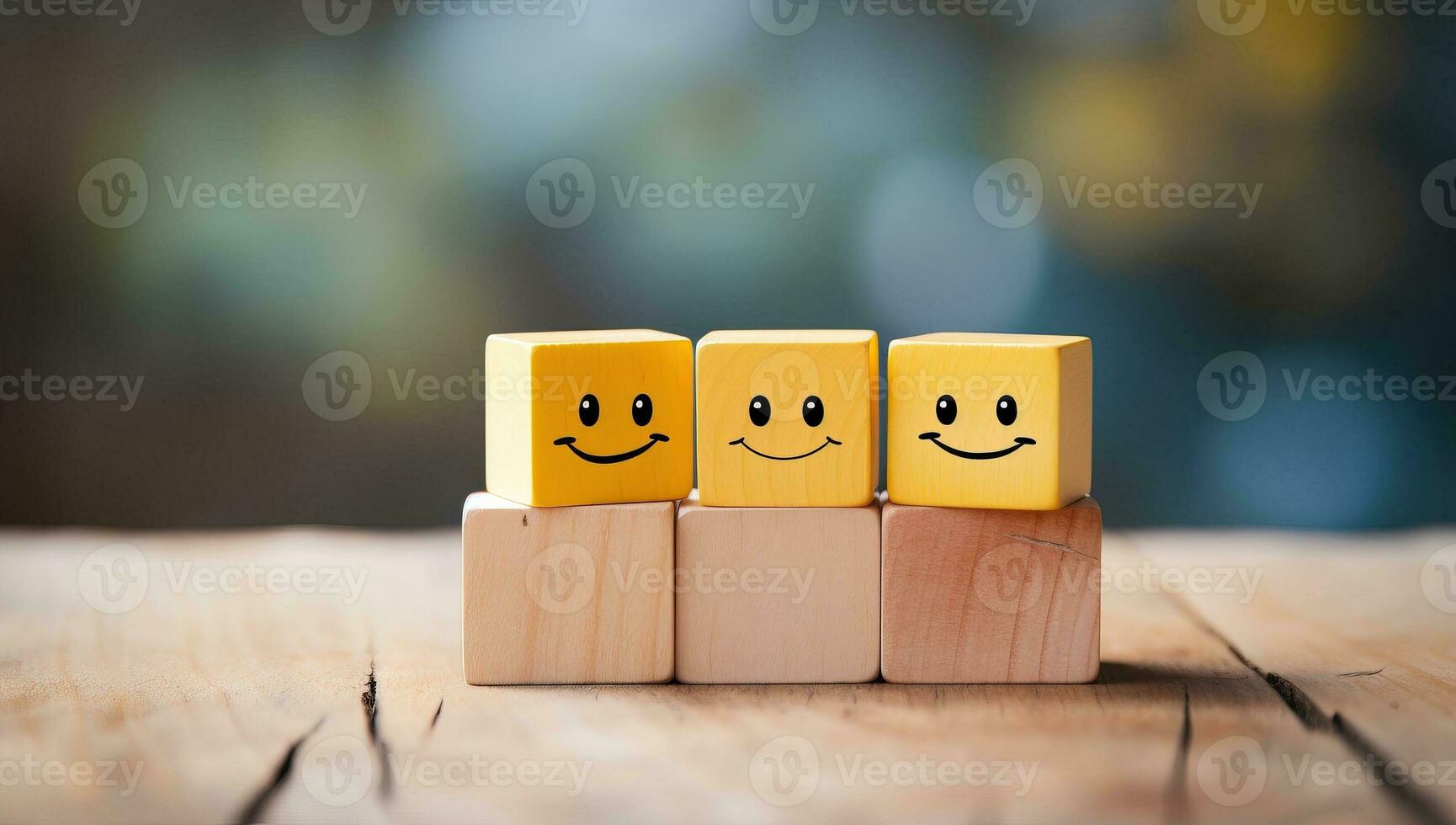 Three Happy Wooden Blocks. AI Generated. photo