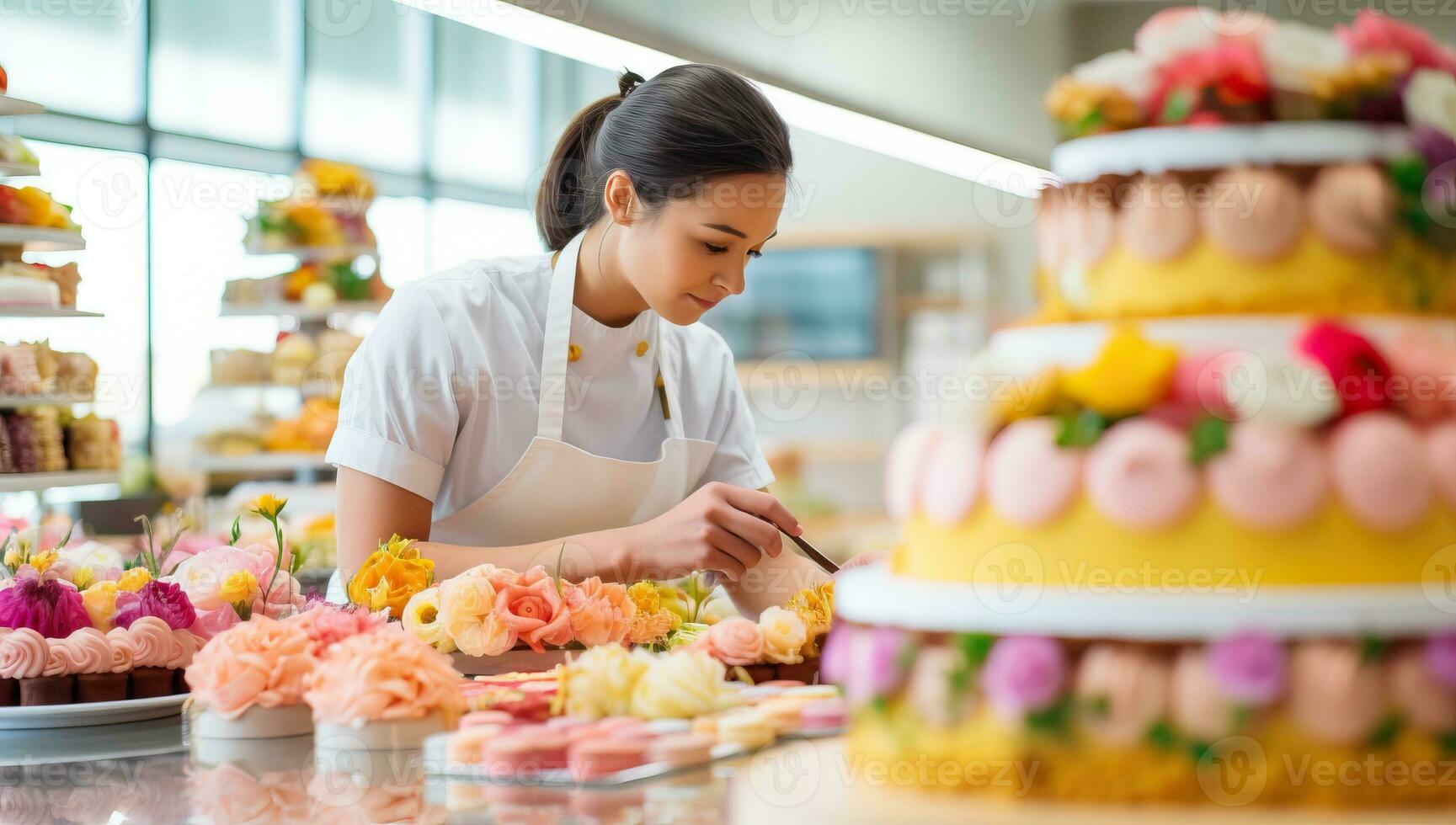 Pastry Chef Decorating a Multi tiered Cake. AI Generated. photo