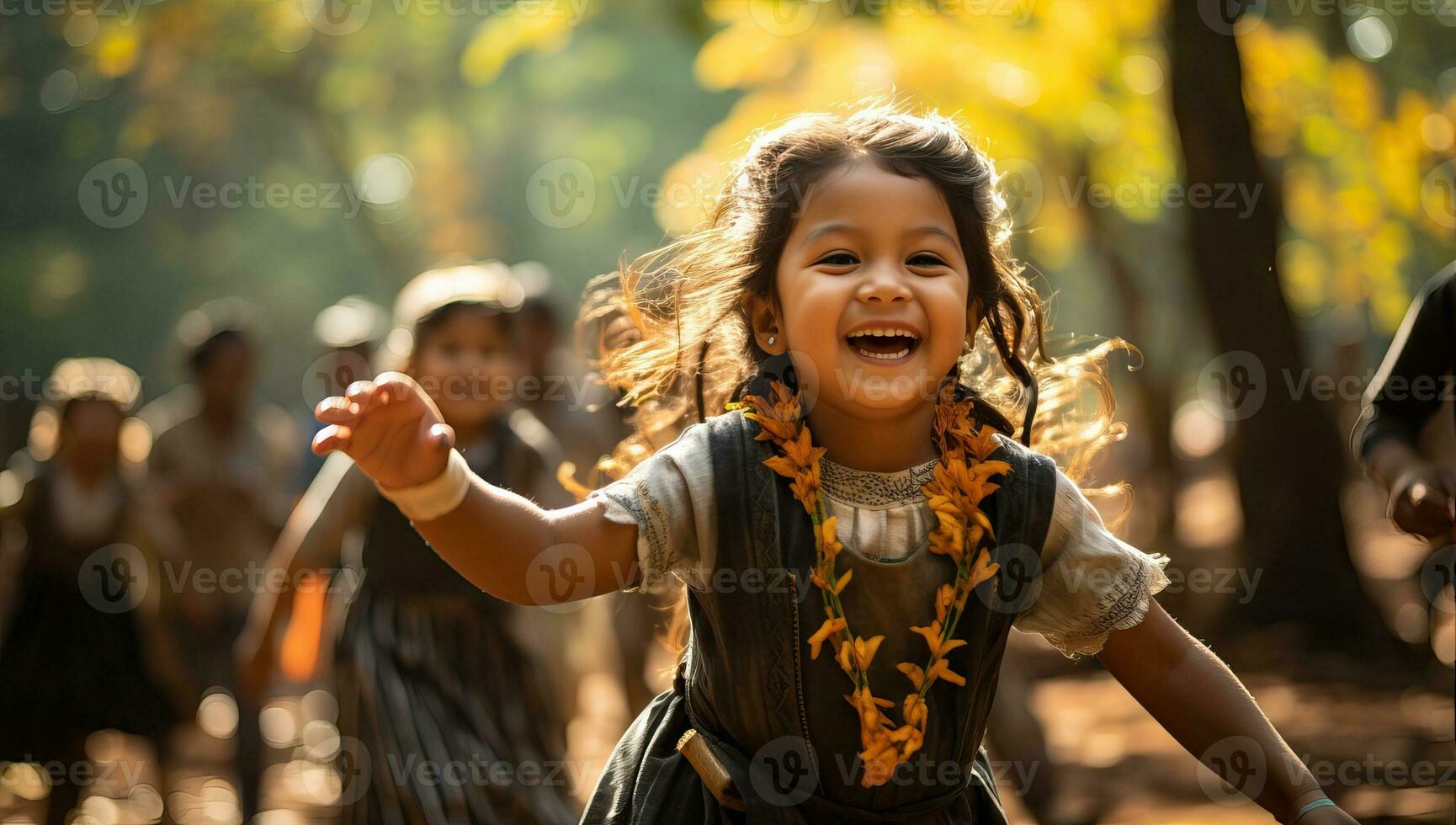 joven niña bailando en otoño bosque. ai generado. foto