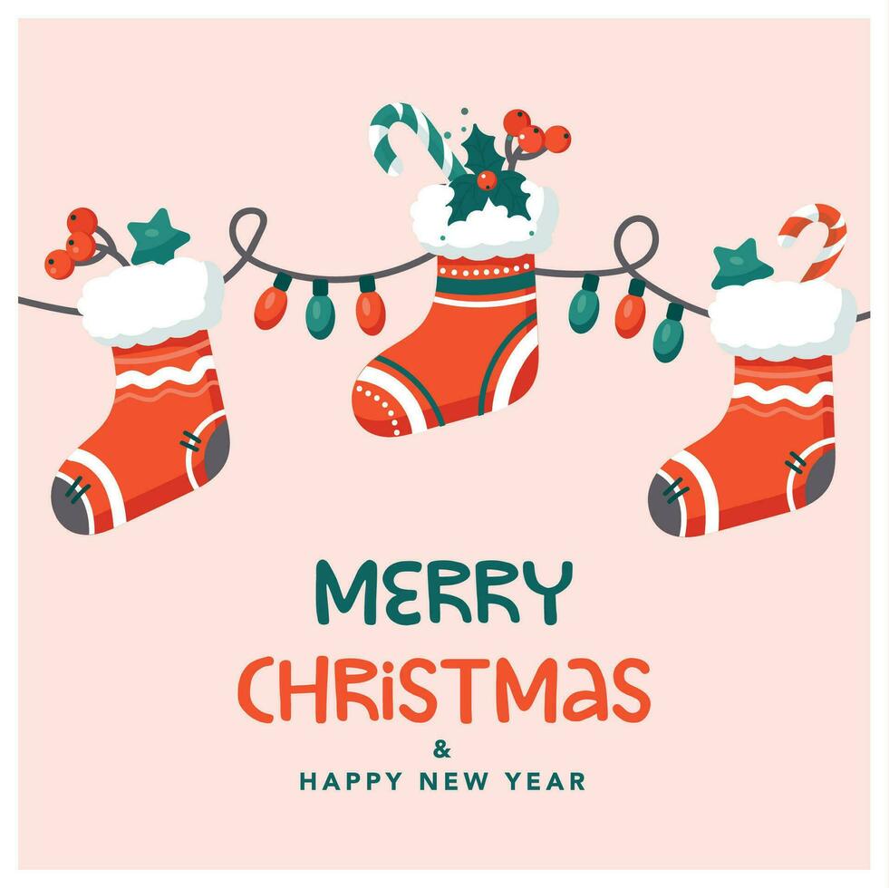 Merry Christmas greeting card with socks and garland vector