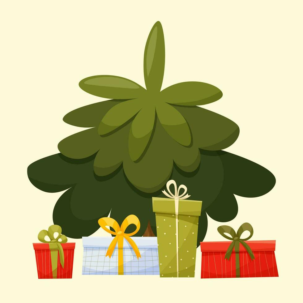 Festive Christmas tree in cartoon style. Christmas tree with various boxes of New Year's gifts. Happy New Year concept for cards, posters, book illustrations. Vector illustration on a light background