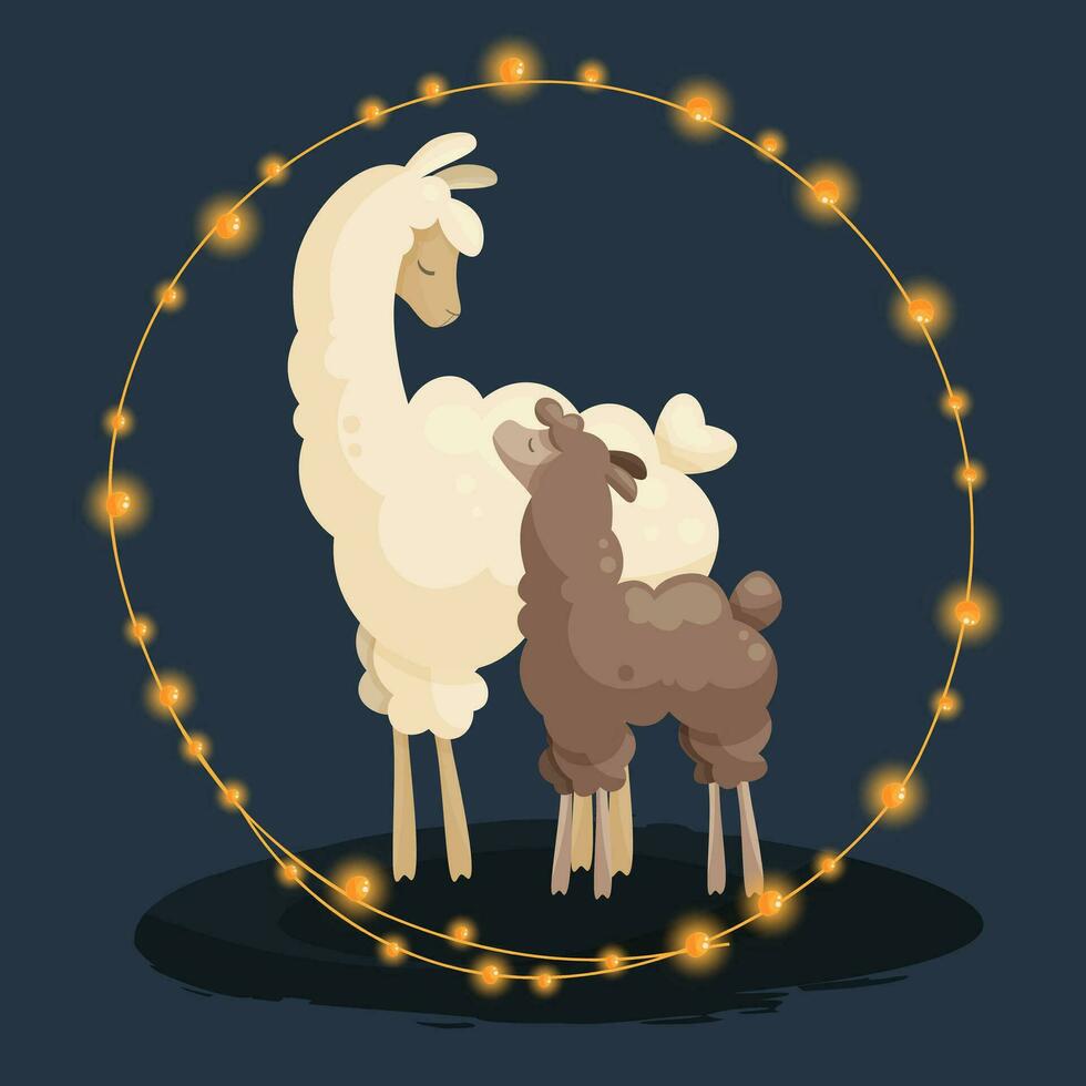 Cute llama family, mother llama with baby. Happy alpaca family surrounded by garland and lights. Vector illustration design for cards for family day, mothers day, parents day, birthday, gender party.
