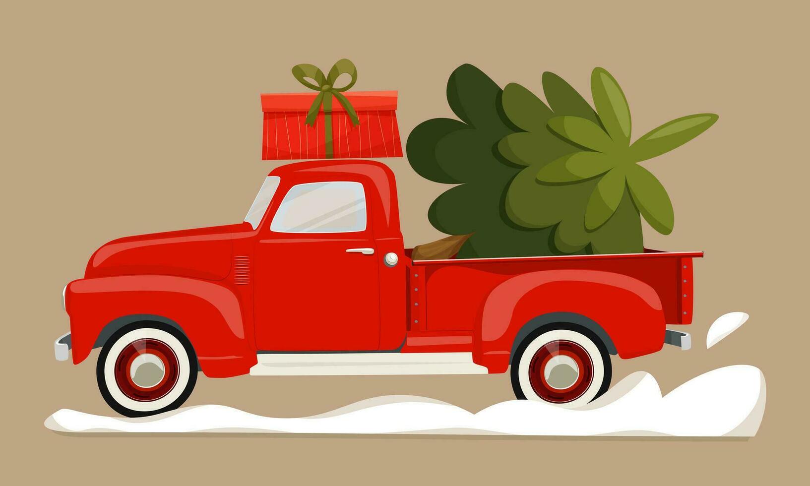 rojo Navidad recoger camión con un regalo caja en el techo y un Navidad árbol en el trompa. un camión que lleva un Navidad árbol mediante un ventisquero. nuevo año o Navidad tarjeta, póster, volantes, invitación. vector
