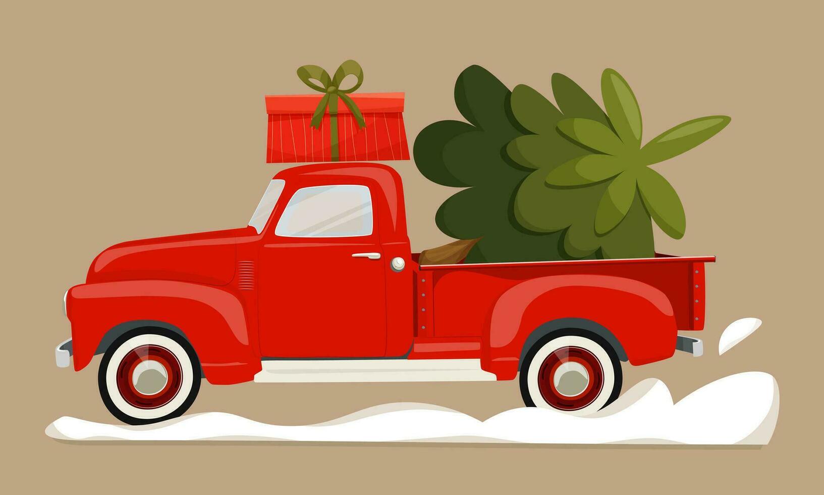 Red Christmas pickup truck with a gift box on the roof and a Christmas tree in the trunk. A truck carrying a Christmas tree through a snowdrift. New Year or Christmas card, poster, flyer, invitation. vector