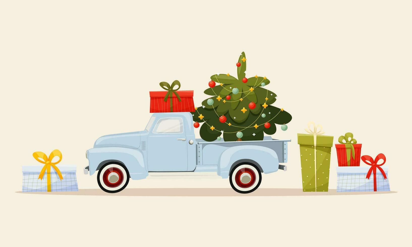 azul Navidad recoger camión con un regalo caja en el techo y un decorado Navidad árbol en el trompa, regalos alrededor el camión. un camión que lleva un Navidad árbol. tarjeta postal, póster, invitación. vector