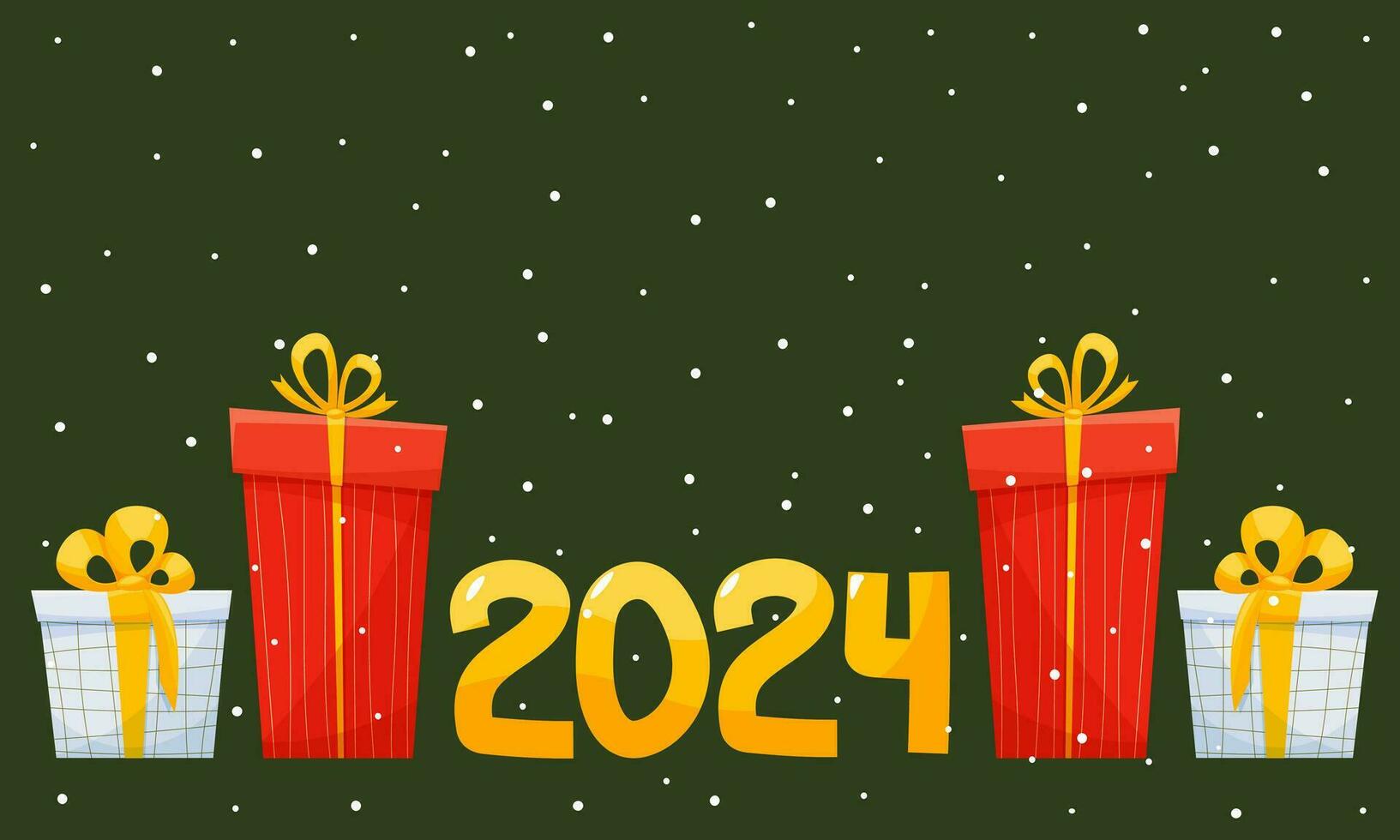 Vector holiday illustration with 2024 number. 2024 logo text design with gift boxes and snowflakes. Design template Celebration typography poster, banner or greeting card for Happy new year.