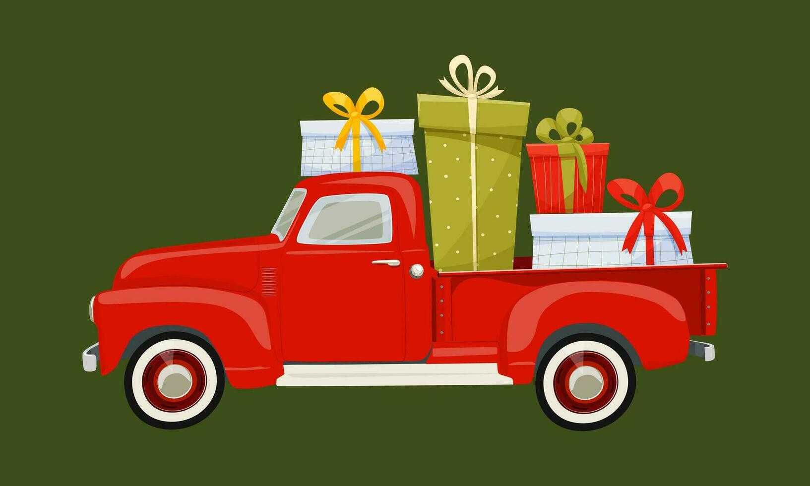 Red Christmas pickup truck with gift boxes in the trunk. A truck carrying New Year's gifts. New Year or Christmas card, poster, flyer, invitation. Christmas vector illustration on green background