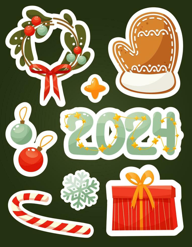 New Year stickers. Winter holiday symbols, New Year decorations. Collection of stickers with a holiday wreath, gingerbread mitten, balls, star, red gift box, lollipop and the inscription 2024 vector