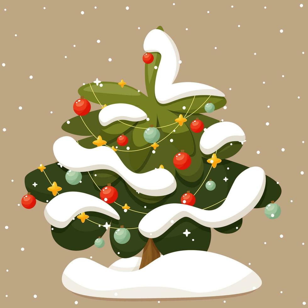 Christmas tree in the snow. New Year tree, decorated with garlands and New Year's toys, under snow and snowflakes. Vector illustration. Winter holiday element. For creating Christmas cards, posters.