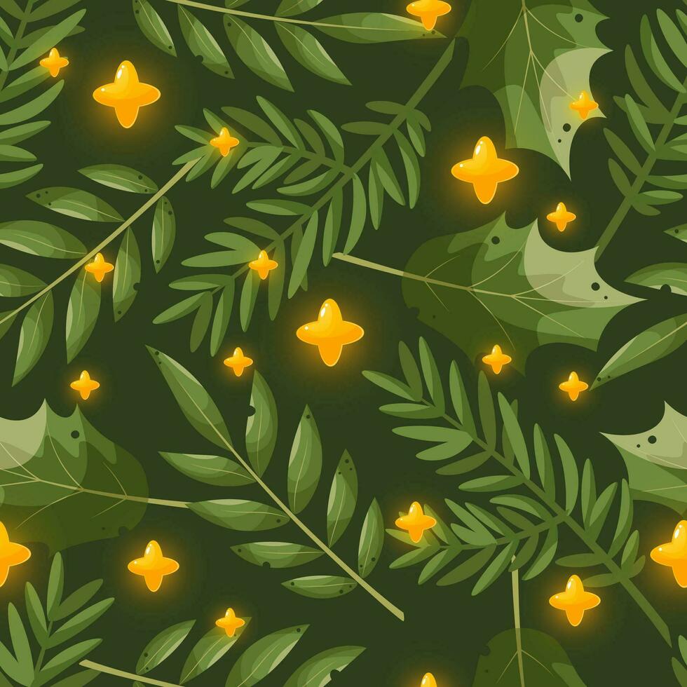 Seamless pattern of fir branches, holly leaves and glowing stars, confetti. Happy New Year, Merry Christmas. Design for New Year's wrapping paper, textiles, wallpaper, cards and posters vector