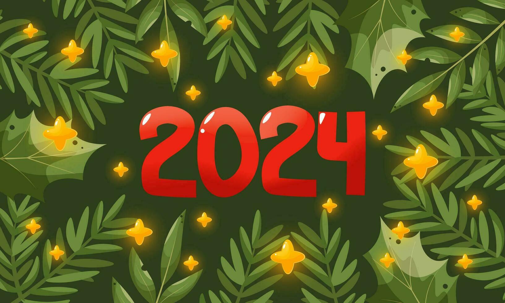 2024 number. 2024 logo red text design inside a frame of shining stars and fir branches on green background. Design template Celebration typography poster, banner or greeting card for Happy new year. vector