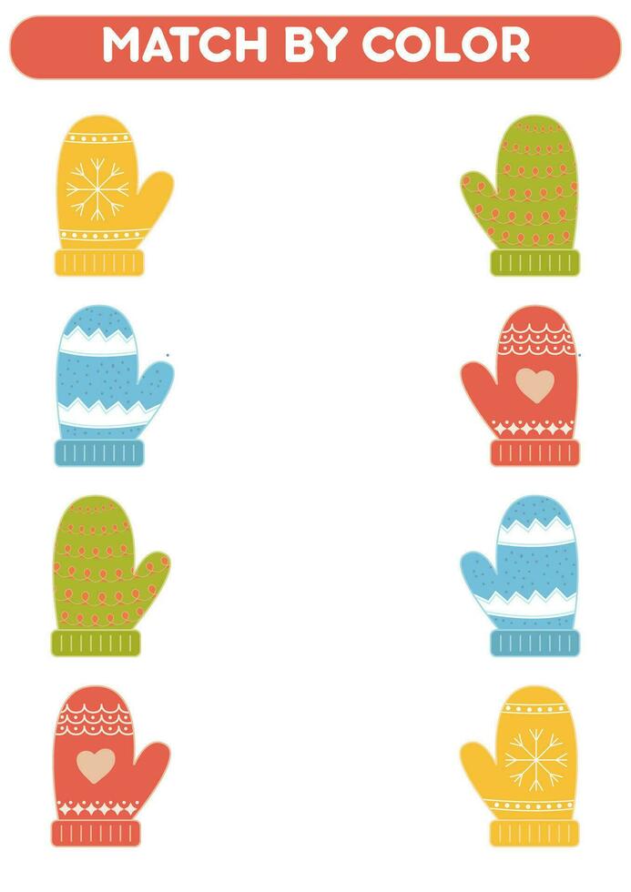 Match mittens by color. Educational game. Worksheets for kids vector