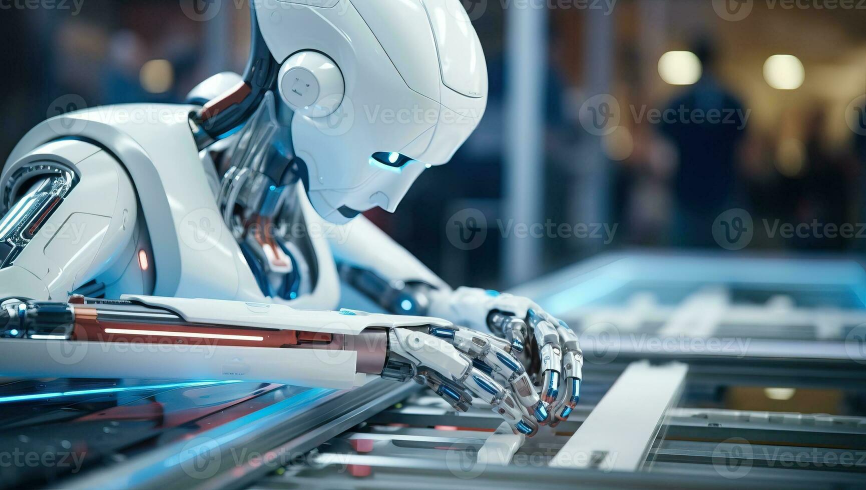 robot humanoide trabajando en el fábrica. ai generado. foto
