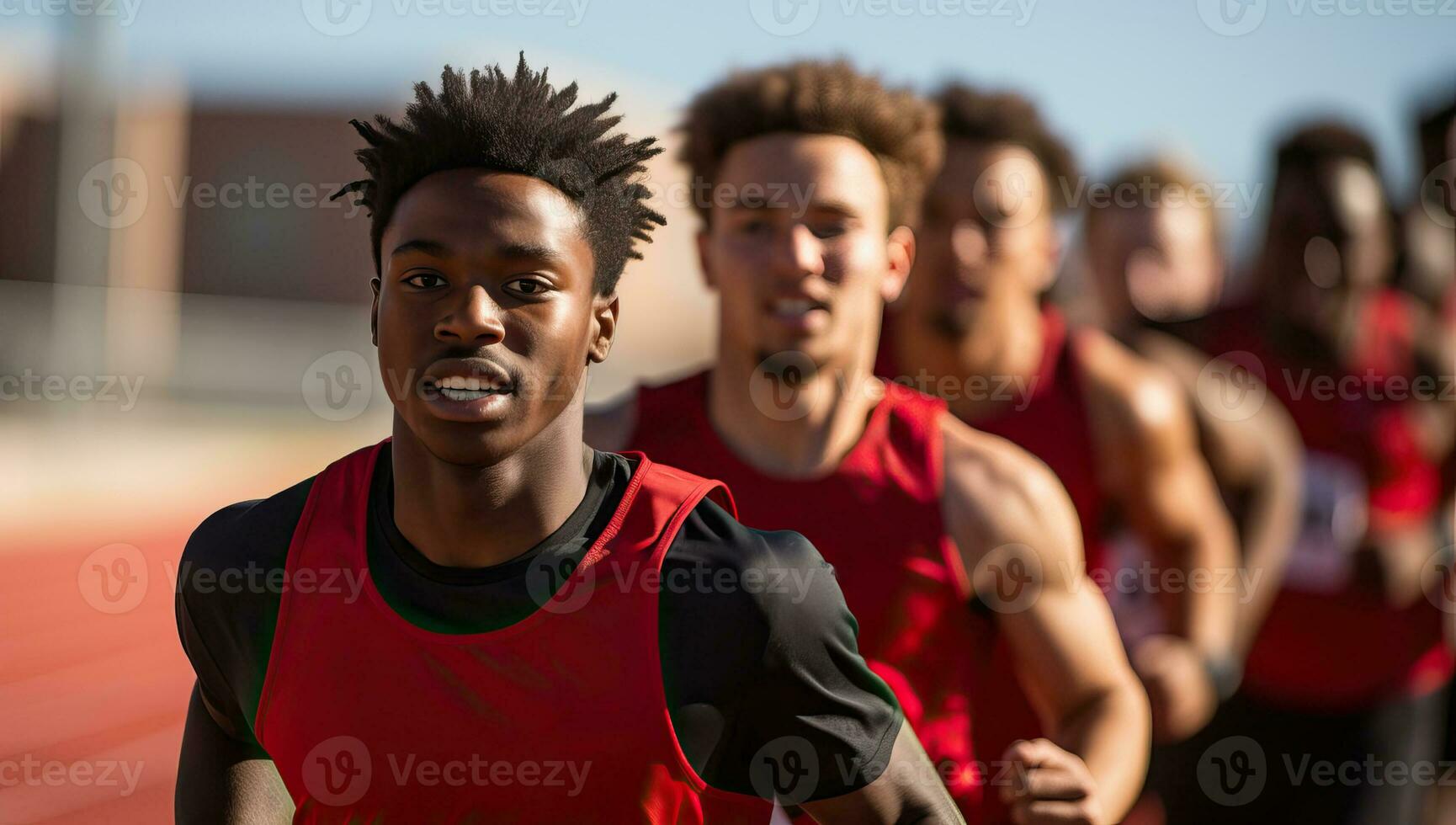Portrait of confident african american athlete standing on sports field. AI Generated. photo