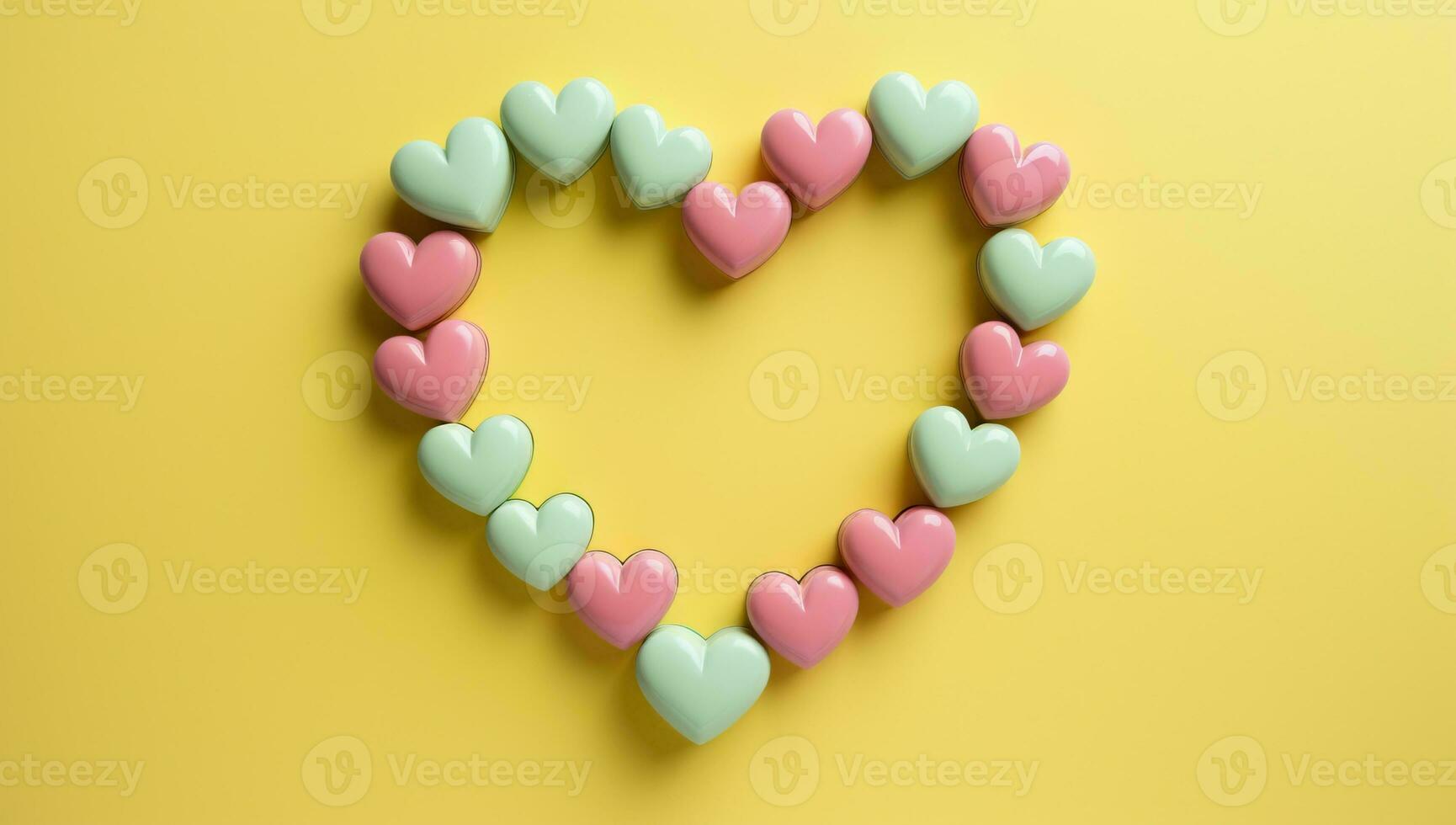 Colorful heart shaped candy on yellow background. Valentine's day concept. AI Generated. photo