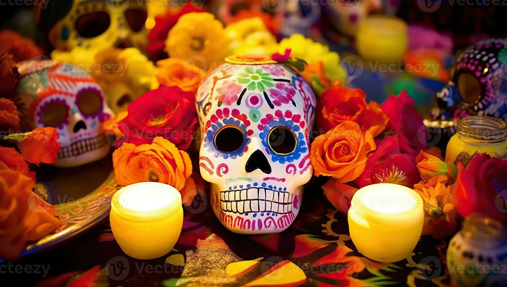 día de el muerto altar con azúcar calaveras y flores ai generado. foto