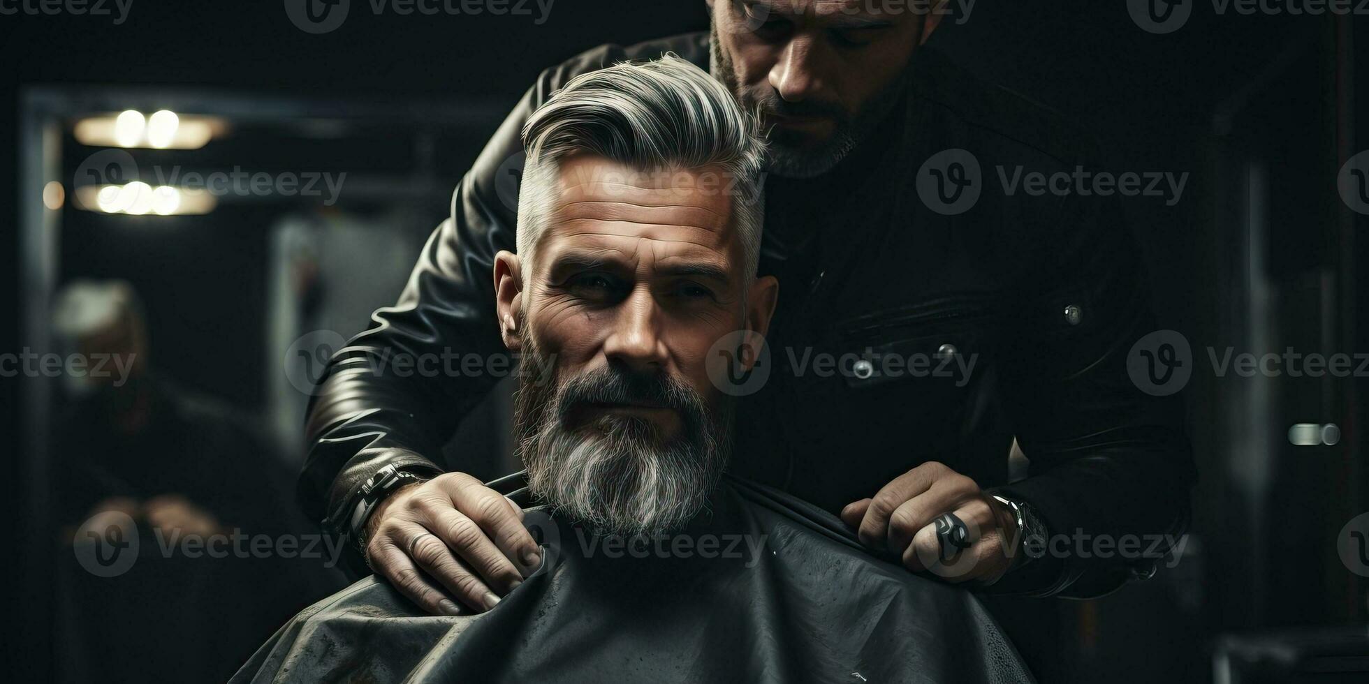 bearded man getting haircut by barber in barbershop. AI Generated. photo