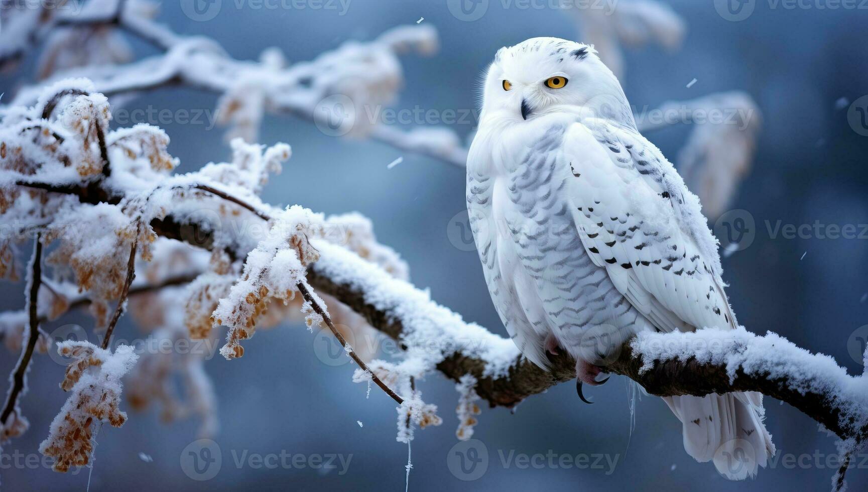 Snowy owl perched on a winter branch. AI Generated. photo