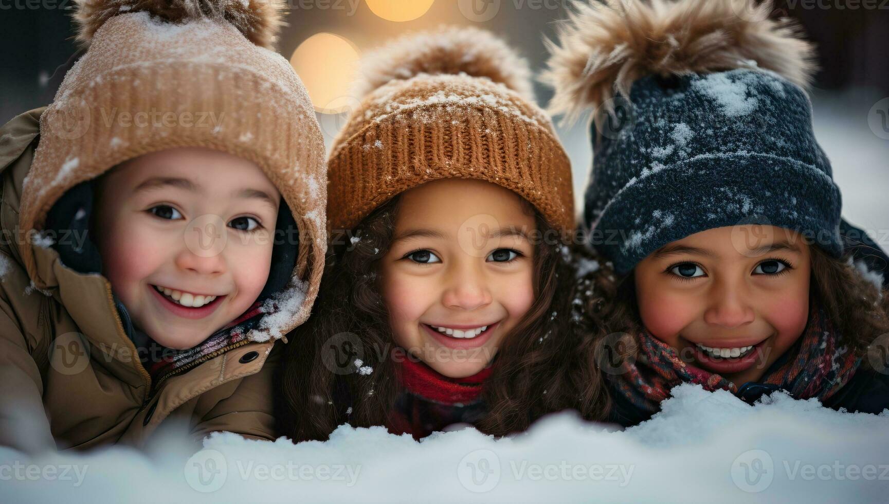 Portrait of a group of happy children in winter clothes having fun outdoors. AI Generated. photo