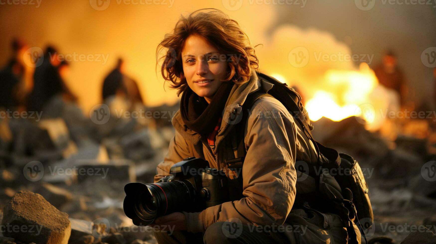 Photojournalist in Conflict Zone. AI Generated. photo