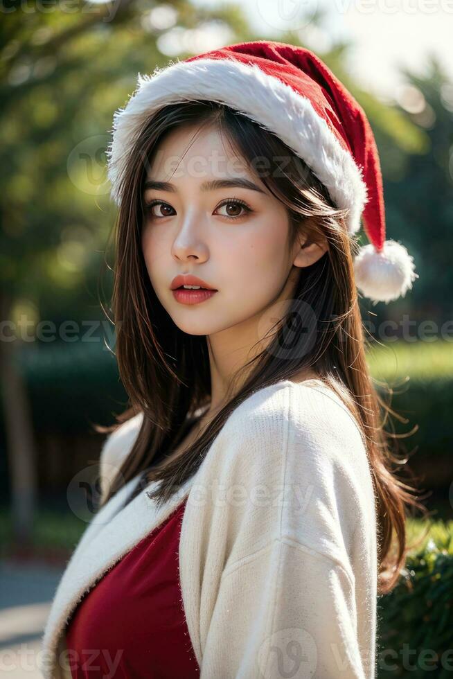 Beautiful girl in Santa Claus clothes over christmas background photo